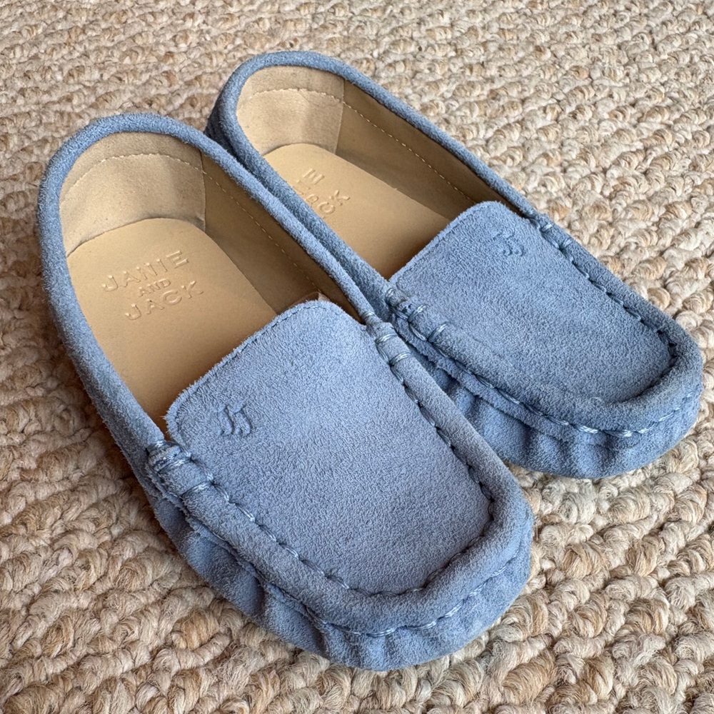 Janie And Jack Pale Blue Leather Loafers Size 7 Dress Shoes Suede Look Baby Boy